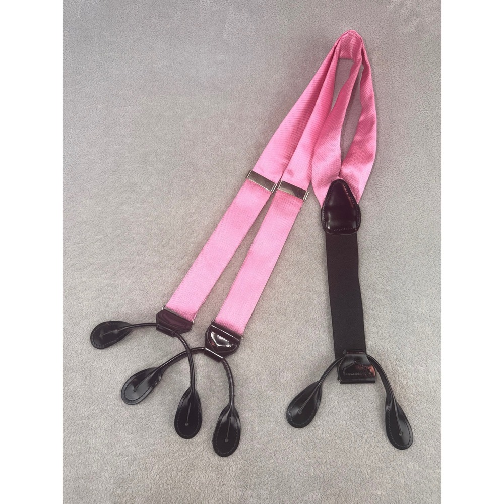 Mens Pink 100% Silk Suspenders Button End Y-Back Chevron Formal Braces